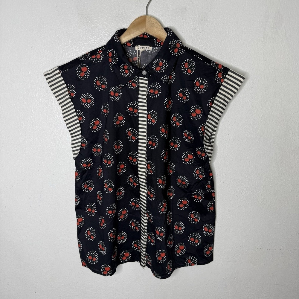 New Jodifl Black Red Tomato Short Sleeve Button Up Shirt Top Women's Small